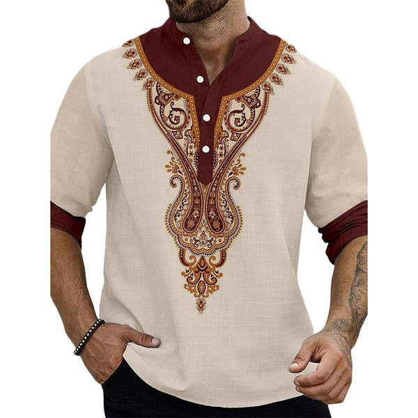 Men's Cotton and Linen Stand Collar Printed Long-sleeved Shirt 40698750X