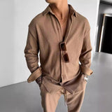 Men's Solid Color Pleated Loose Long Sleeve Shirt 05392146Y