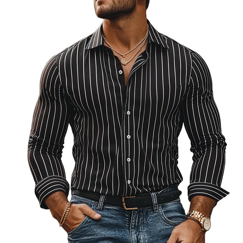 Men's Retro Casual Striped Lapel Long Sleeve Shirt 00084509TO