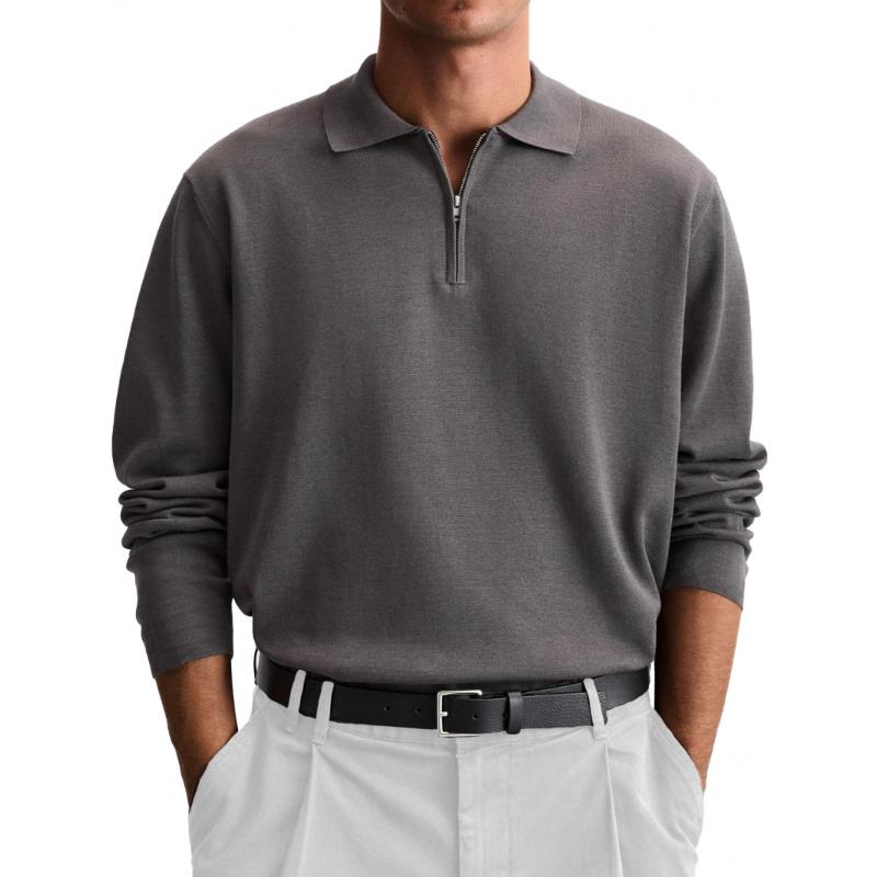 Men's Casual Solid Color Half Zip Lapel Loose Long Sleeve Polo Shirt 70361886M