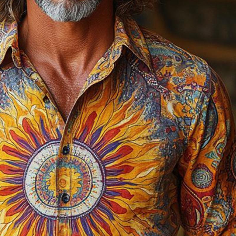 Men's Retro Casual Sun God Print Lapel Long Sleeve Shirt 77477760TO