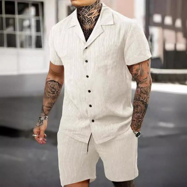 Men's Casual Lapel Short Sleeve Shirt Loose Shorts Set 67186198M