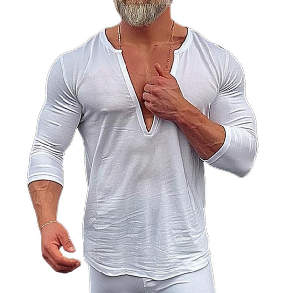 Men's Casual Solid Color V-Neck Long Sleeve T-Shirt 44043813TO
