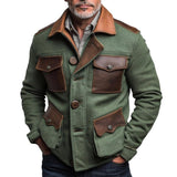 Men's Retro Casual Leather Stitching Multi-Pocket Lapel Jacket 92618771TO