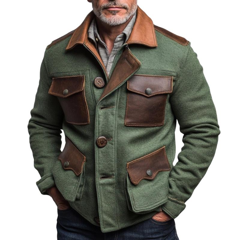 Men's Retro Casual Leather Stitching Multi-Pocket Lapel Jacket 92618771TO