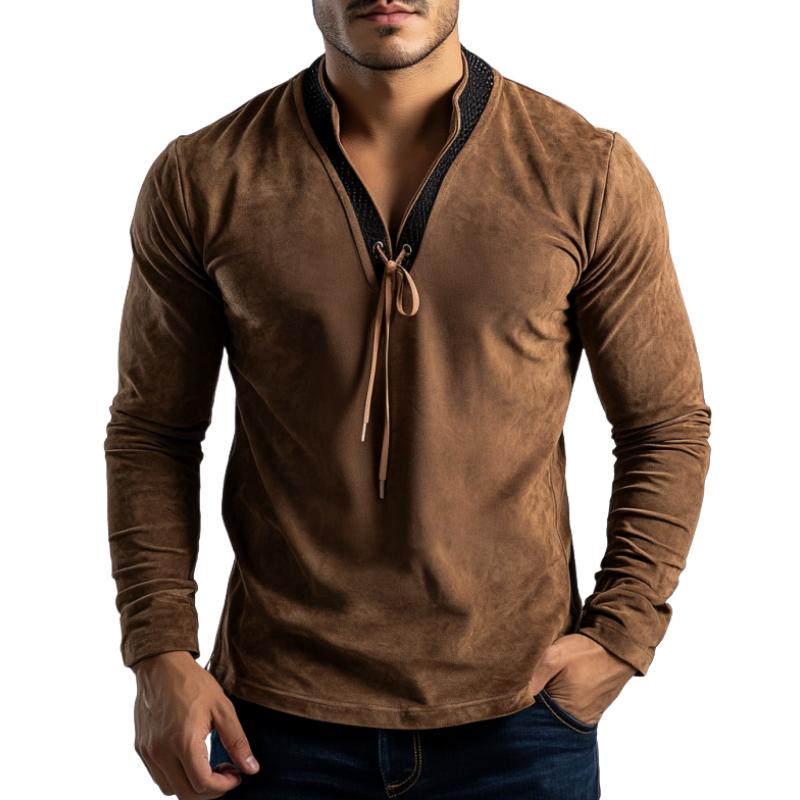 Men's  Casual Stitching Leather Stand Collar Drawstring Suede Long Sleeve POLO Shirt 28379888K