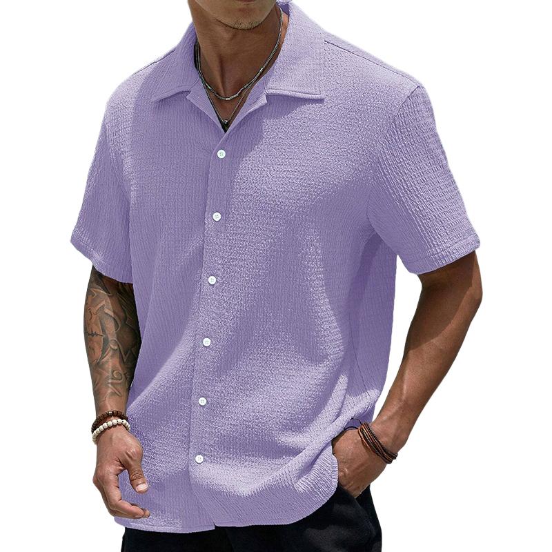 Men's Casual Solid Color Pleated Lapel Slim Fit Short Sleeve Shirt 30281622M