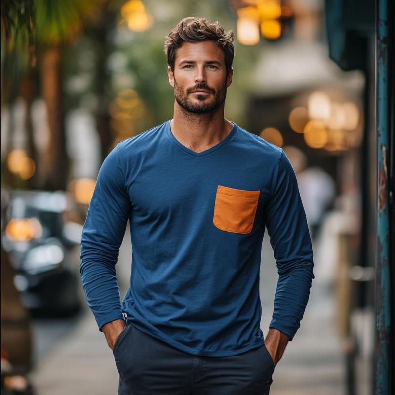 Men's Classic Casual V-Neck Cotton Long Sleeve T-Shirt 69026161K