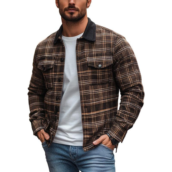 Men's Casual Plaid Print Patchwork Lapel Loose Shirt Jacket 53502493M