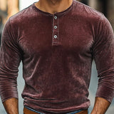 Men's Vintage Velvet Henley Collar Slim Fit Long Sleeve T-Shirt 19968899M