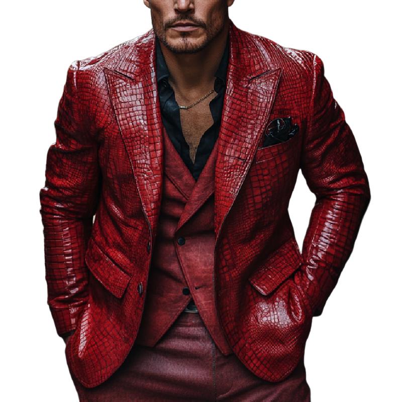 Men's Classic Lapel Red Crocodile Pattern Leather Blazer 42053399F