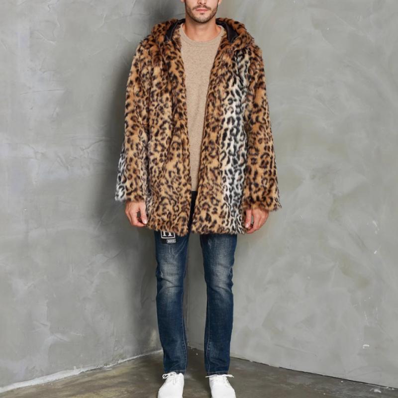 Men's Classic Casual Leopard Print Hooded Plush Faux Fur Coat 90965761K