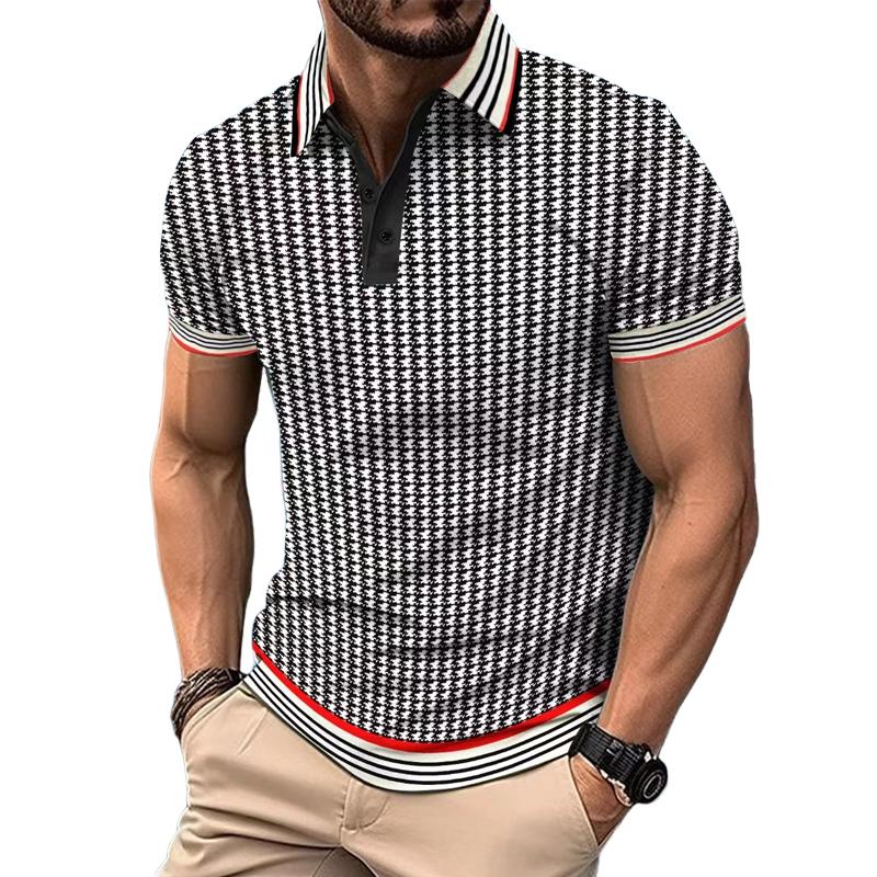 Men's Casual Houndstooth Color Block Short Sleeve POLO Shirt 51904569X