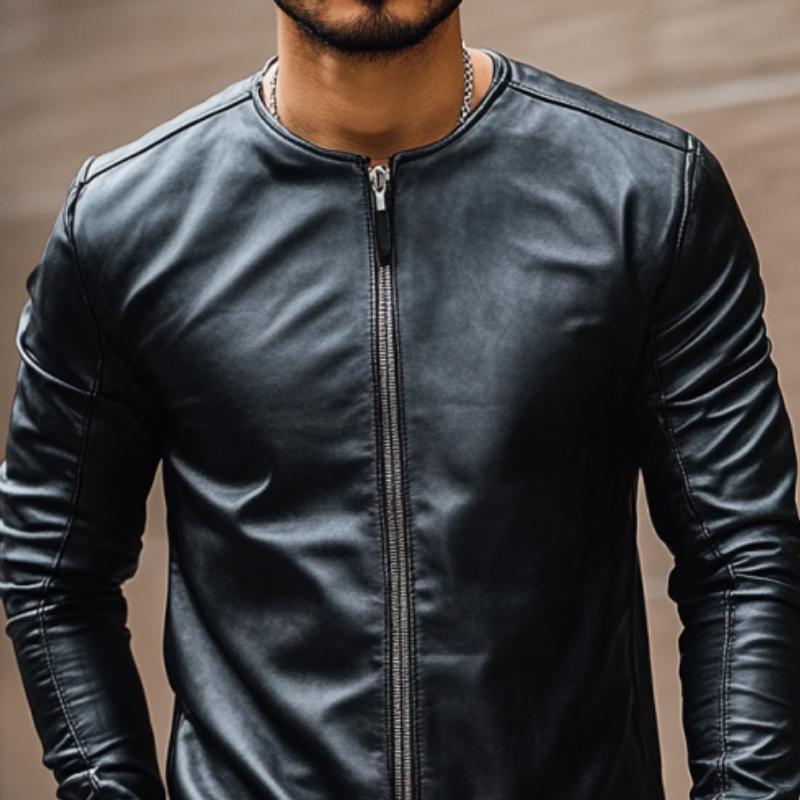 Men's Casual Fashion Round Neck Zipper Slim Leather Long Sleeve T-Shirt 28731356K