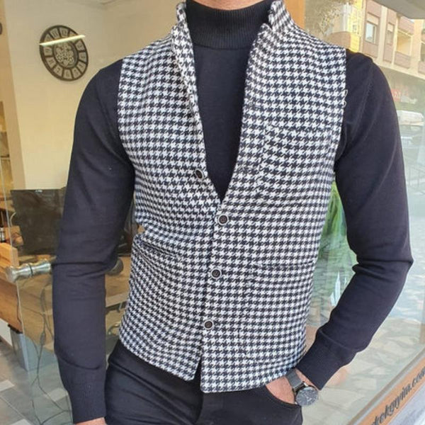 Men's Casual Retro Houndstooth Stand Collar Blazer Vest 14455067TO