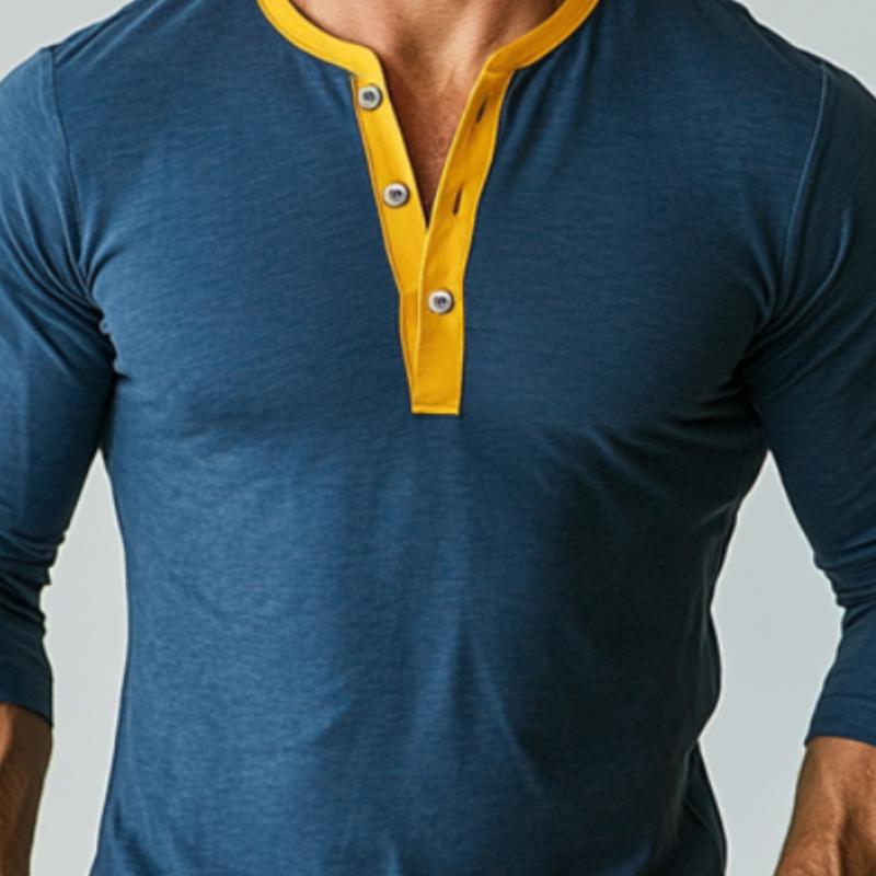 Men's Casual Henley Collar Colorblock Long-sleeved T-Shirt 33135170F