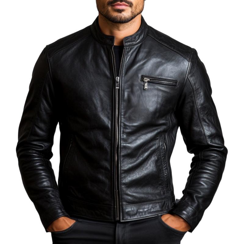 Men's Classic Stand Collar Leather Jacket 33085559F