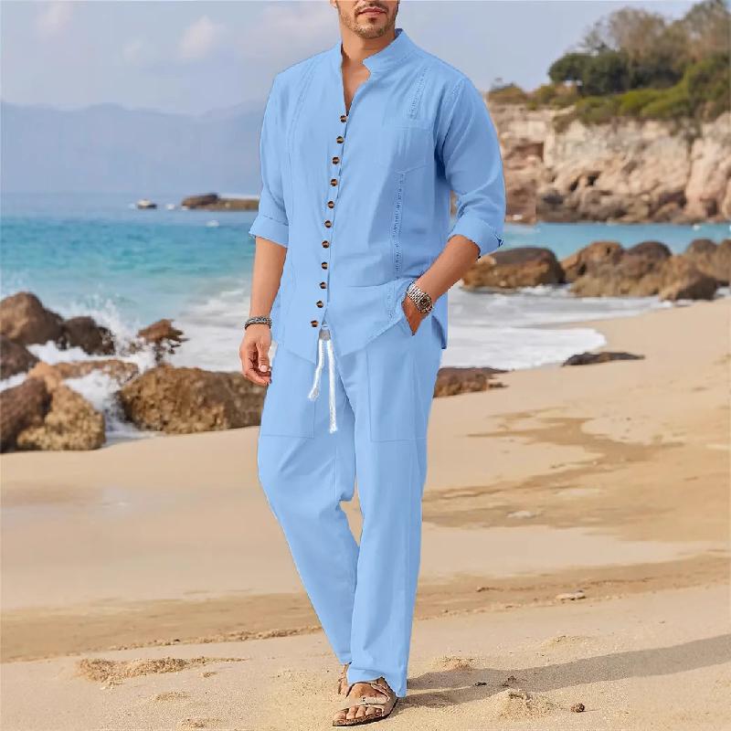 Men's Solid Color Casual Loose Long Sleeves and Long Pants Beach Two-piece Set 60645591X