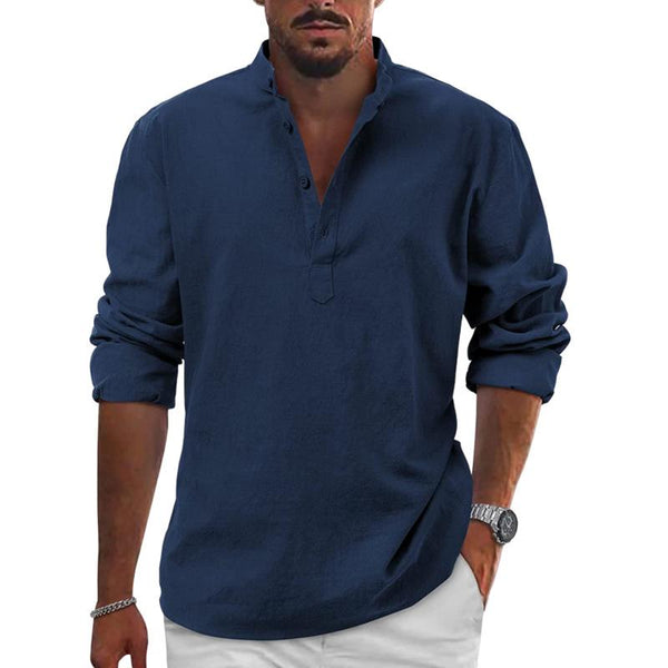 Men's Cotton And Linen Solid Henley Collar Long Sleeve Shirt 37752136Z