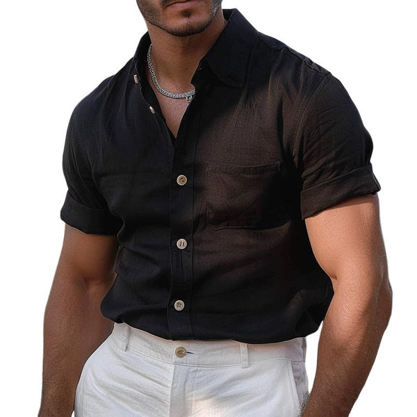 Men's Solid Cotton And Linen Lapel Short Sleeve Shirt 30201708Z