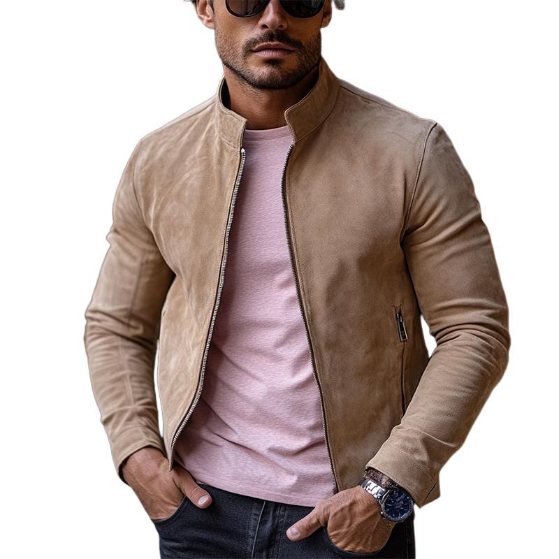 Men's Stylish Casual Solid Color Stand Collar Zipper Suede Jacket 88910192K