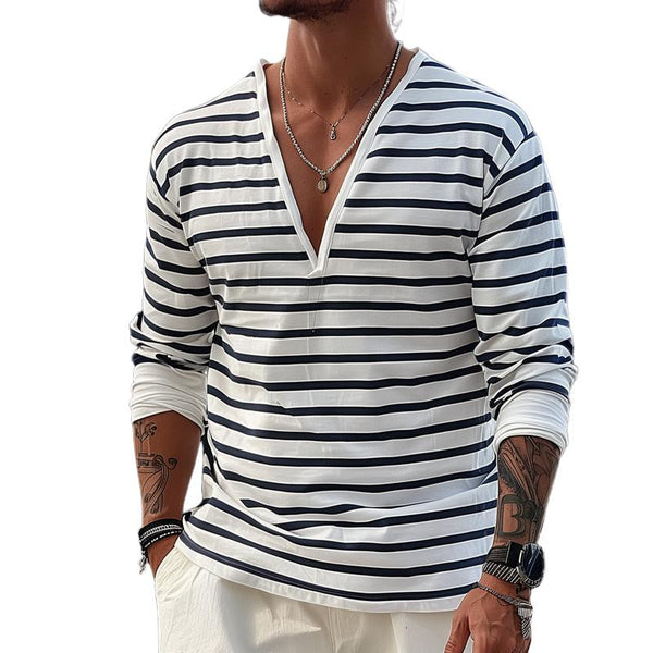 Men's Navy Style Striped V Neck Long Sleeve T-shirt 51023897Z