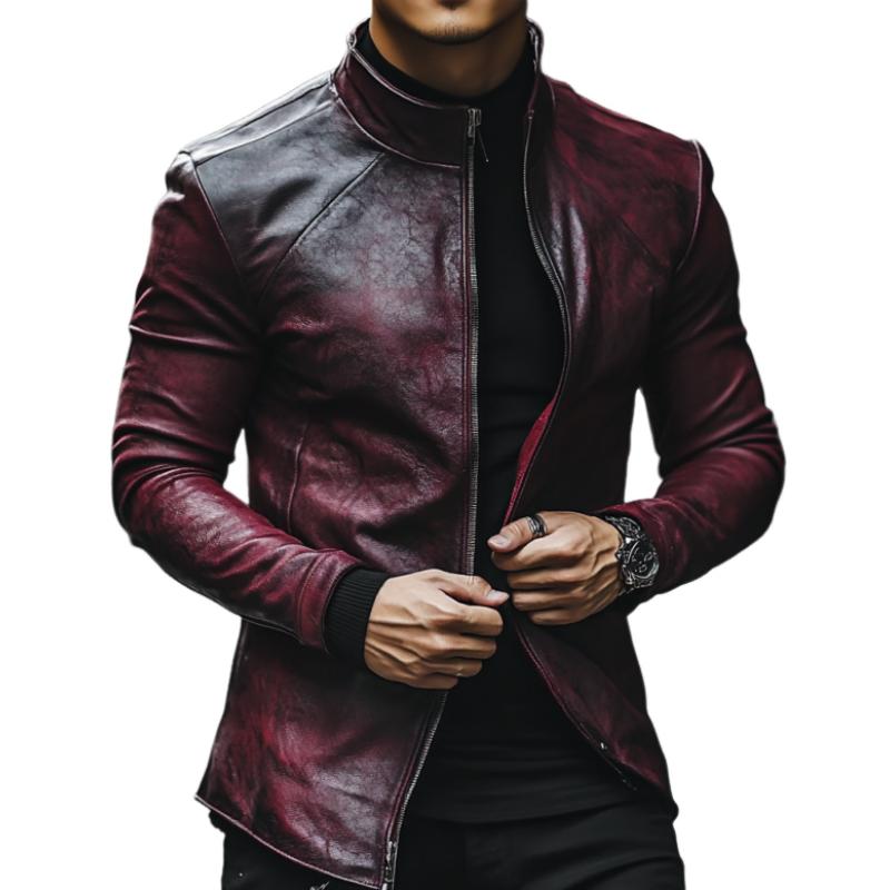 Men's Classic Casual Stand Collar Slim Fit Textured Leather Jacket 99562383K