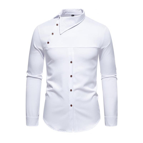 Men's Casual Lapel Slanted Placket Asymmetric Slim Fit Long Sleeve Shirt 50452395M