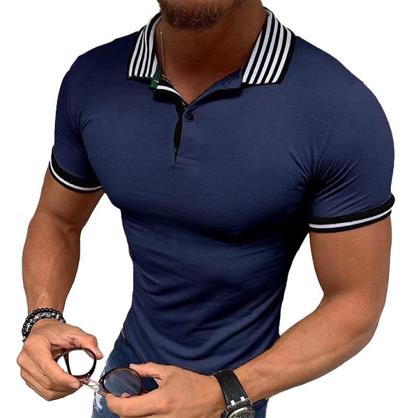 Men's Striped Lapel Solid Color Short Sleeve Polo Shirt 92056343Z