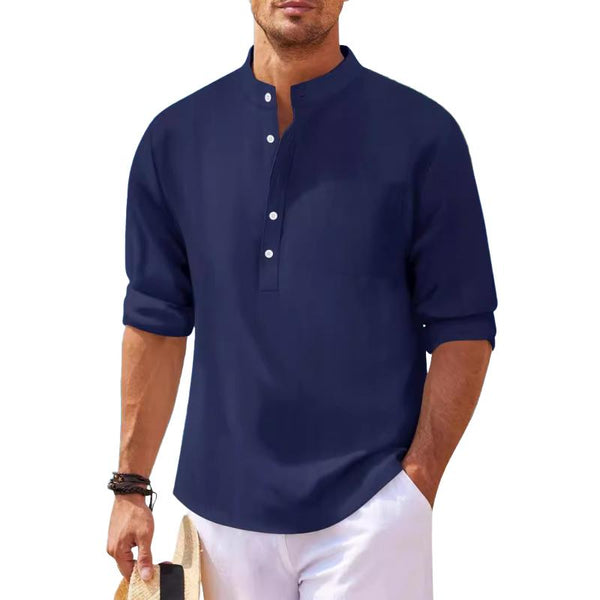 Men's Solid Color Henley Collar Long Sleeve Shirt 03357832Z