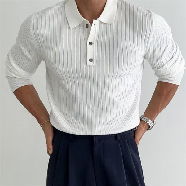 Men's Solid Color Striped Lapel Long Sleeve Knit Polo Shirt 46672005Z