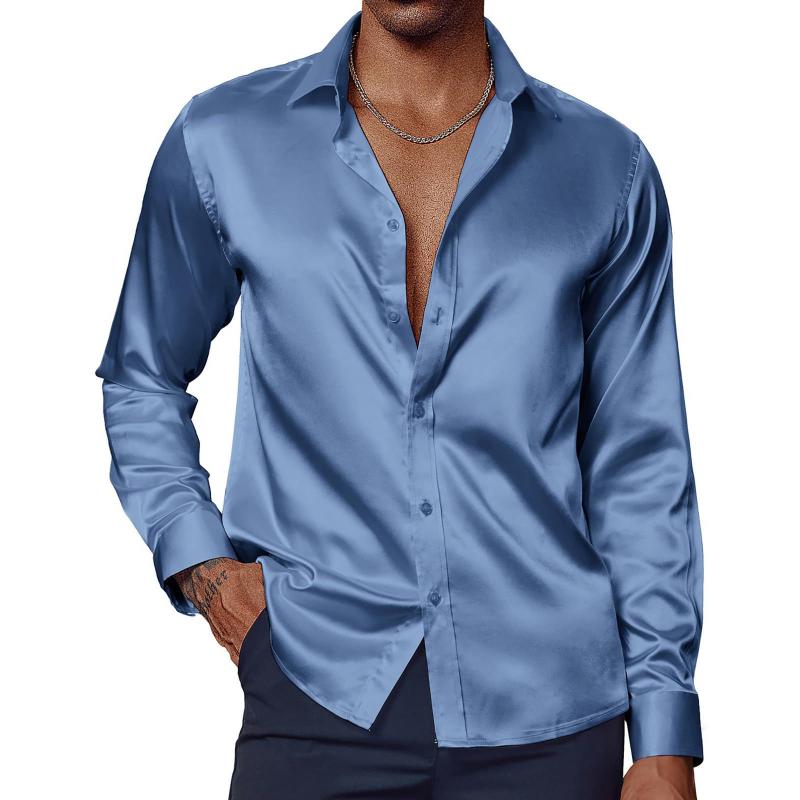 Men's Casual Solid Color Satin Lapel Long Sleeve Shirt 51577471Y