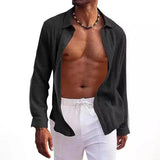 Men's Casual Cotton Linen Blended Lapel Long-sleeved Shirt 62386804M