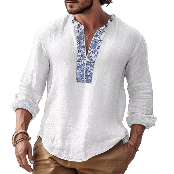 Men's Printed Zipper V Neck Long Sleeve Cotton Linen Loose Shirt 90551232Z