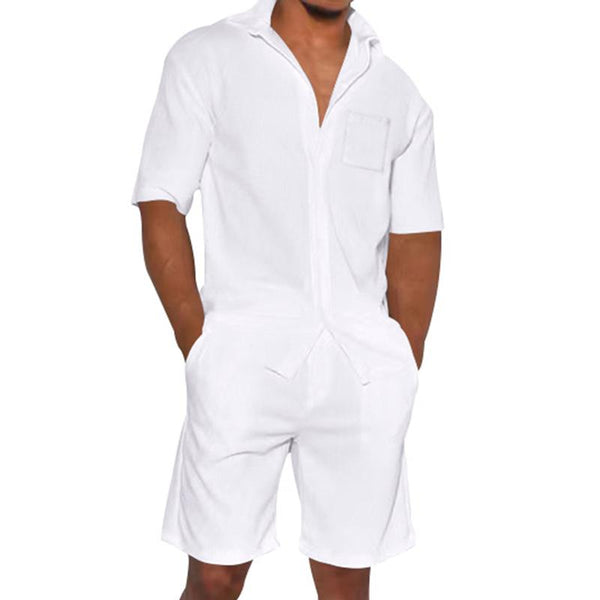 Men's Solid Loose Linen Lapel Short Sleeve Shirt Elastic Waist Shorts Set 81822696Z