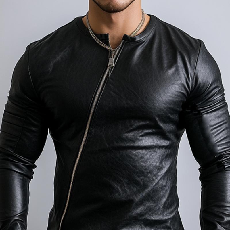 Men's Stylish Round Neck Zippered Placket Slim Fit leather long sleeve T-shirt 69310680K