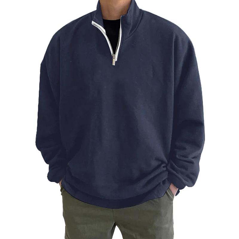 Men's Solid Loose Zipper Stand Collar Long Sleeve Sweatshirt 08658020Z