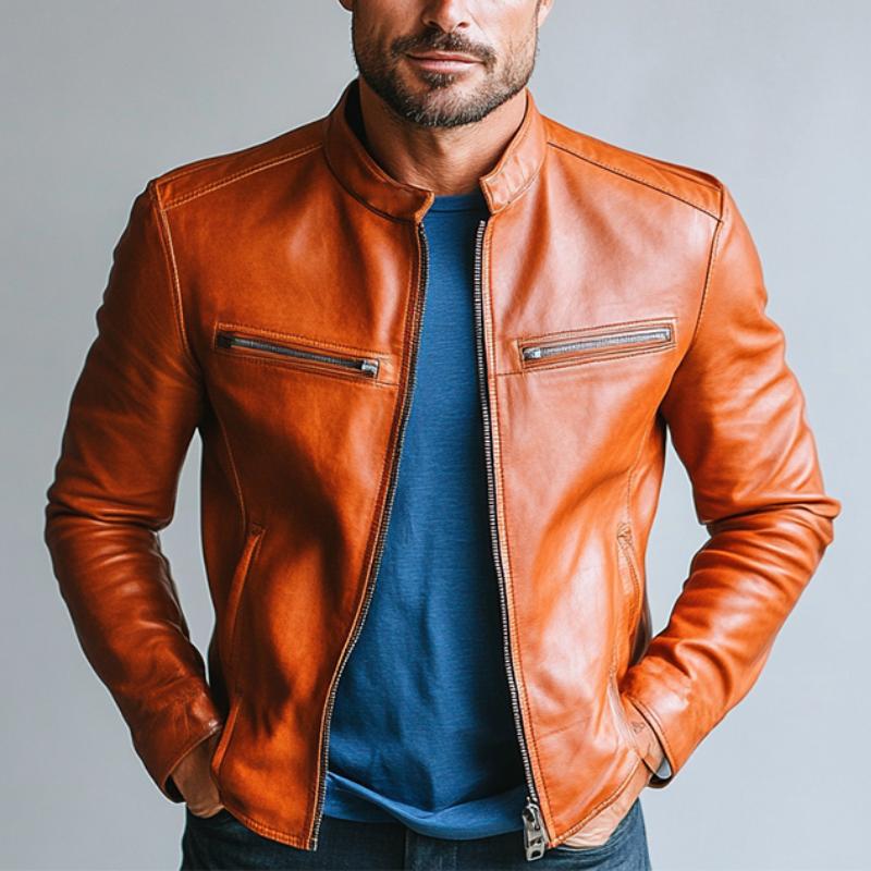 Men's Classic Casual Slim Stand Collar Leather Jacket 84240822K