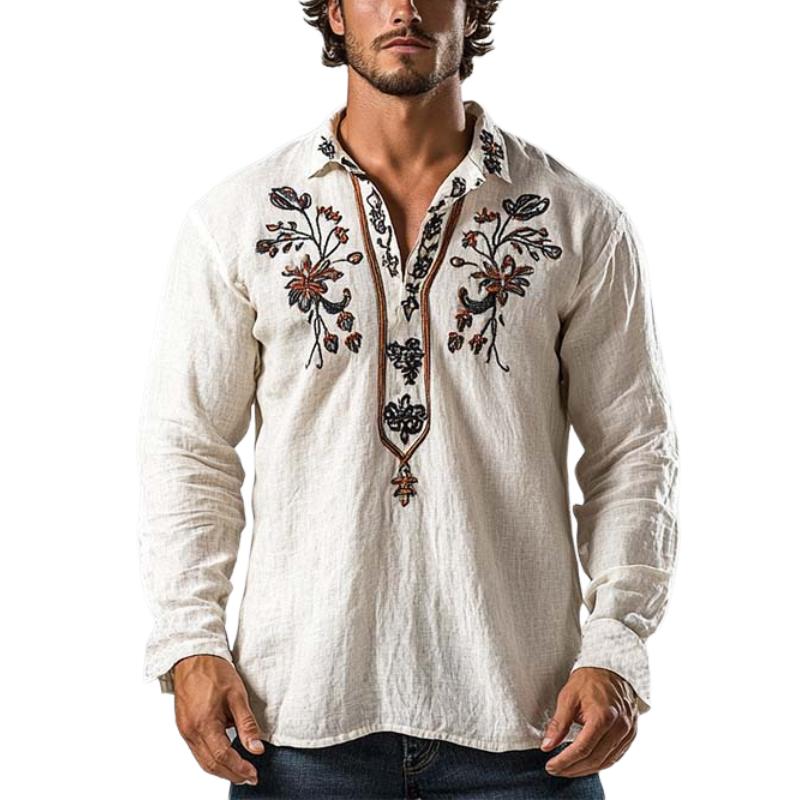 Men's Classic Vintage V-Neck Embroidered Linen Long Sleeve Shirt 41767089K