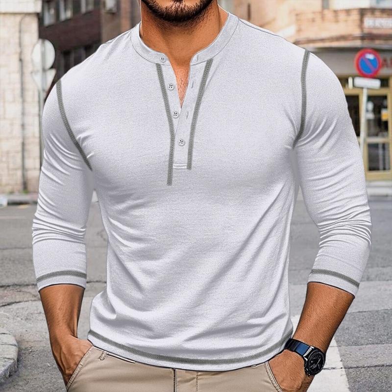 Men's Retro Contrast Color Button Crew Neck Slim FitLong Sleeve T-Shirt 01368832Y