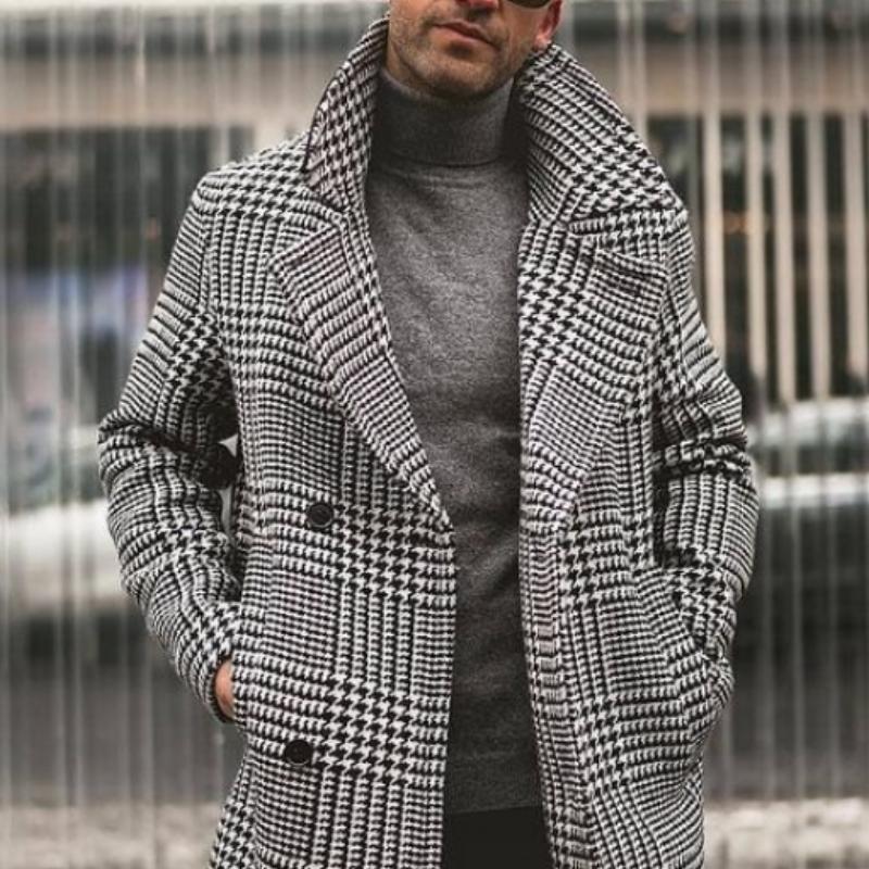 Men's Retro Classic Casual Double Breasted Knee-Length Houndstooth Coat 00944809K