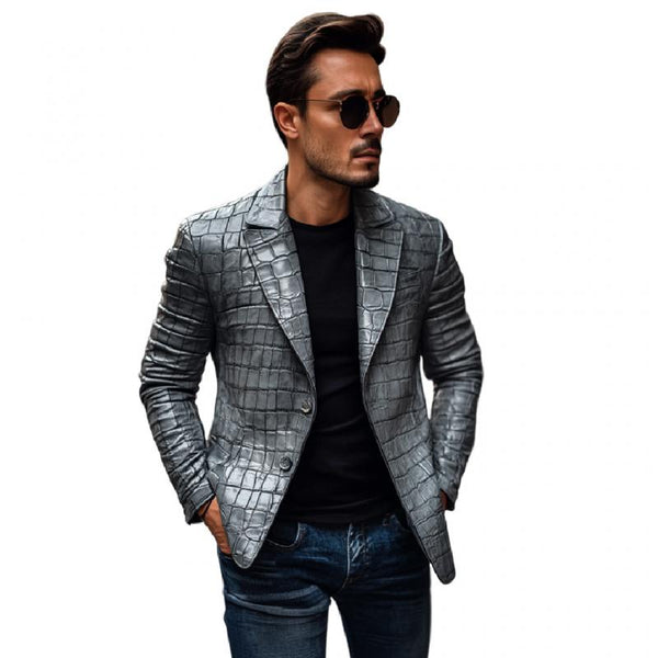 Men's Vintage Crocodile Leather Peaked Lapel Single Breasted Slim Fit Blazer 20620345M