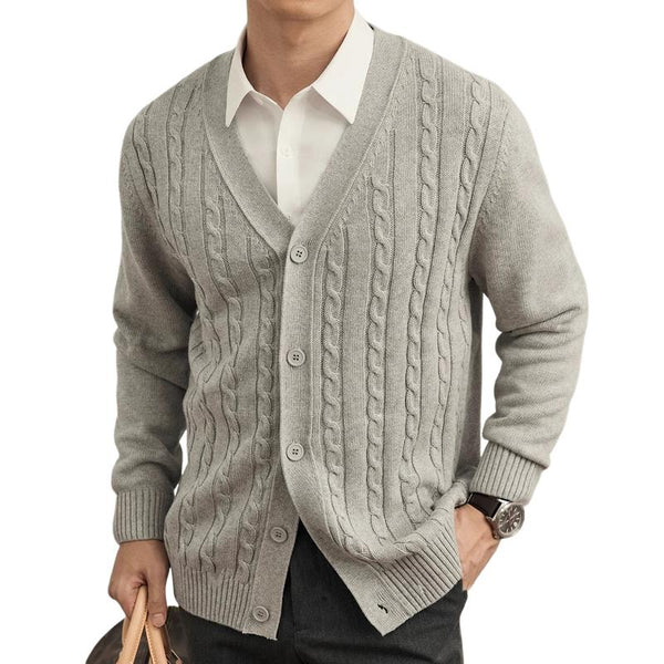 Men's Solid Color Knit Cable V Neck Single Breasted Cardigan 68307847Z