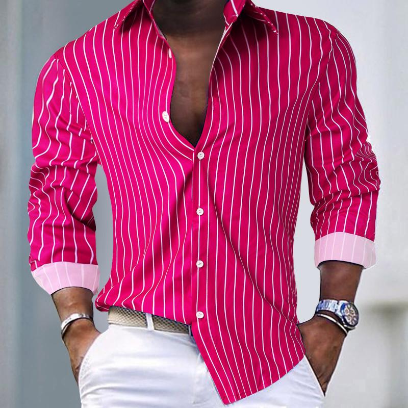 Men's Casual Striped Lapel Single Breasted Long Sleeve Shirt 24551324M