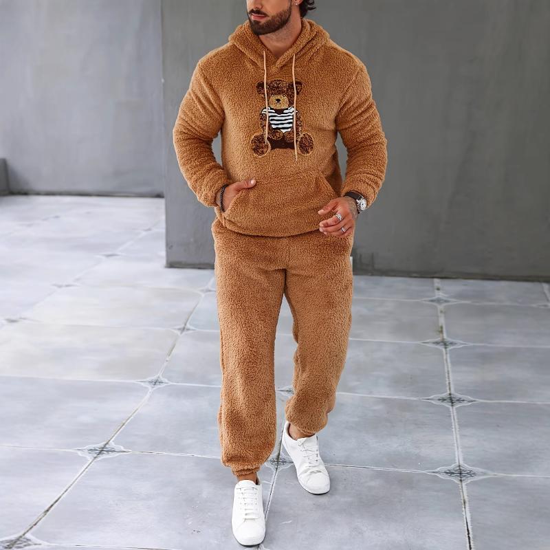 Men's Retro Casual Plush Bear Hooded Sweatshirt Two-Piece Set 86983179TO