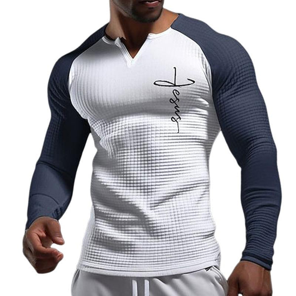 Men's Colorblock V-neck Loose Long Sleeve T-shirt 58390613X