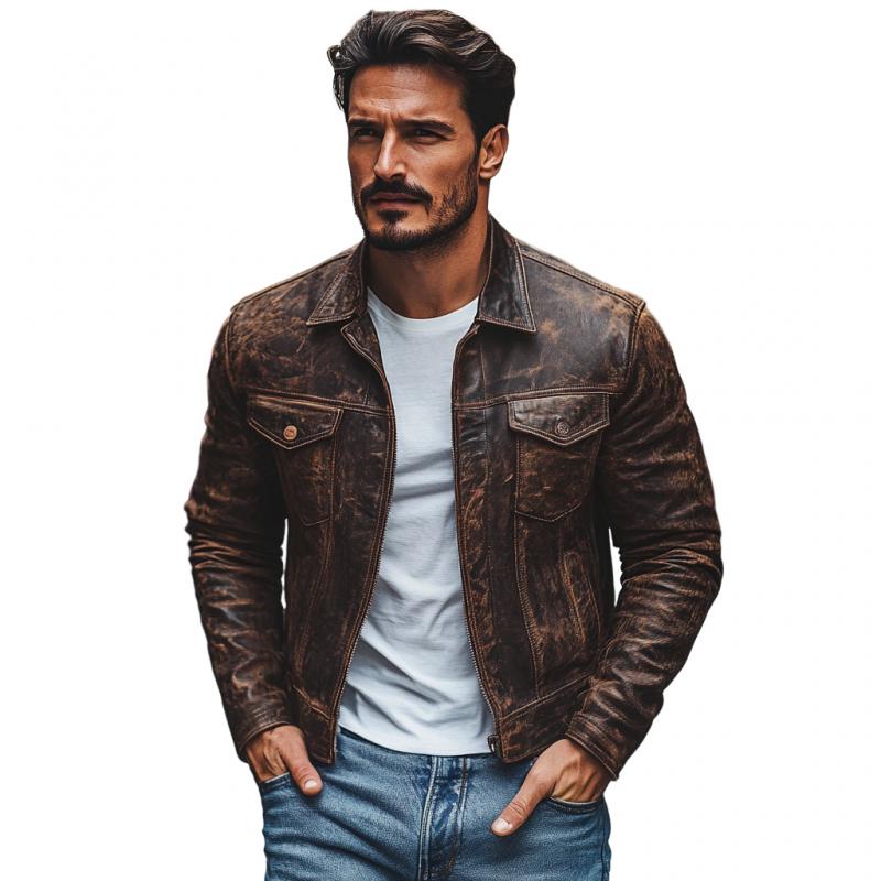 Men's Vintage Distressed Lapel Single Breasted Slim Fit Leather Jacket 80438113M