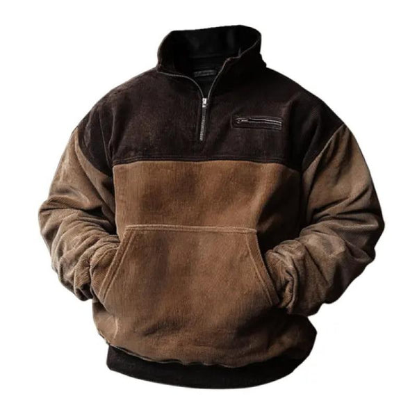 Men's Vintage Corduroy Colorblock Zipper Stand Collar Loose Pullover Sweatshirt 99953050M