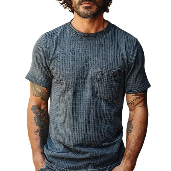 Men's Casual Waffle Round Neck Patch Pocket Short Sleeve T-Shirt 04394009M