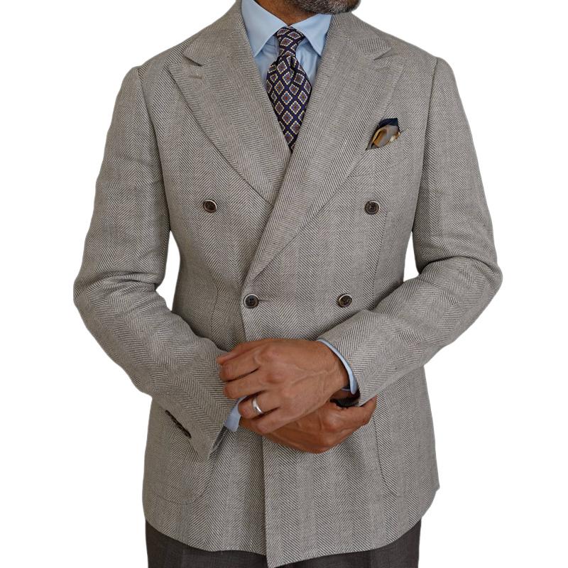 Men's Vintage Herringbone Peaked Lapel Double Breasted Blazer 08522479Z